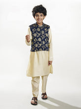 Boys off white kurta pajama with a blue jacquard jacket